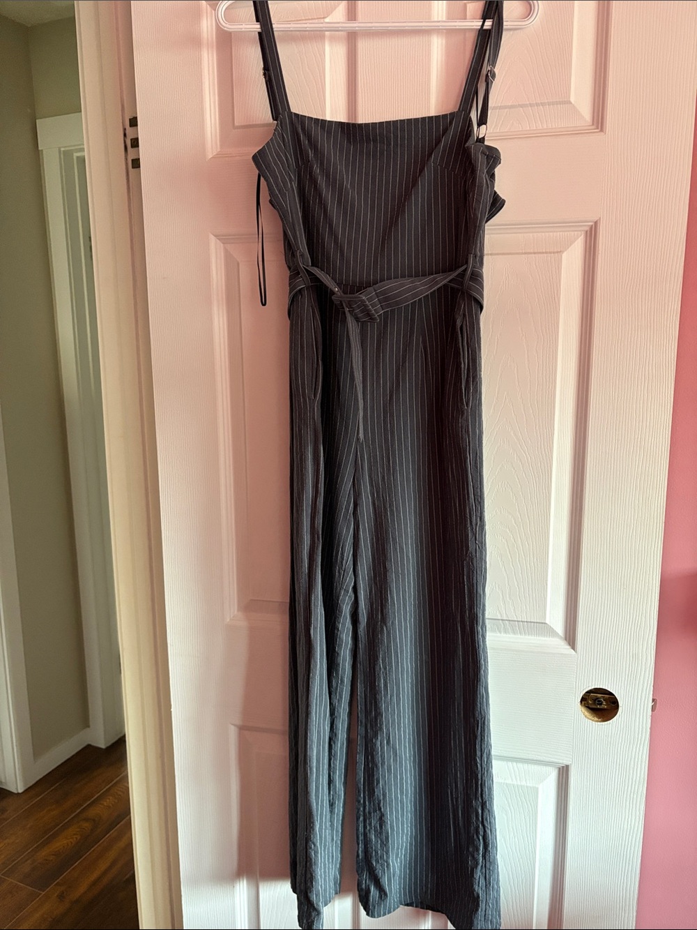 Charcoal Pinstripe Sleeveless Maxi Dress with Tie Waist